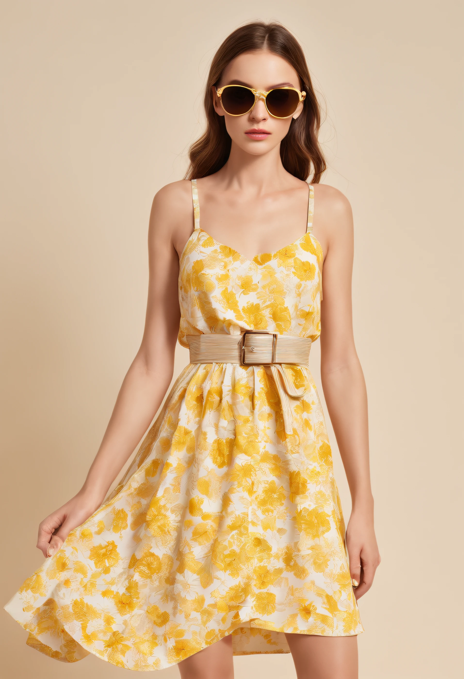 A summer outfit consists of a light dress, with floral patterns in shades of yellow and white. The dress has thin straps and is adorned with a belt at the waist for a touch of elegance. The model completes the look with golden-striped sandals and oversized sunglasses."