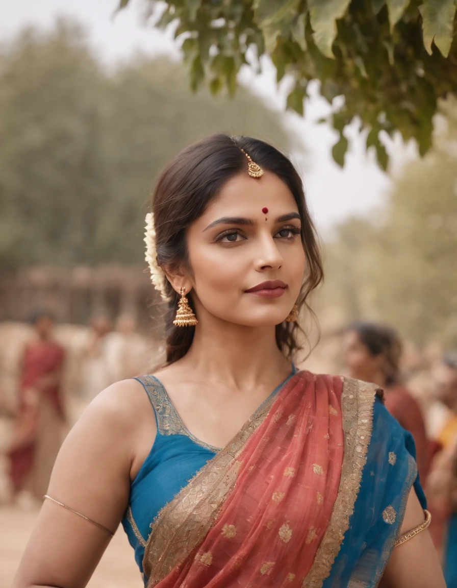 Woman in typical Indian dress, Blue gate in the background, half-length shot, Sunny day, high-quality photo