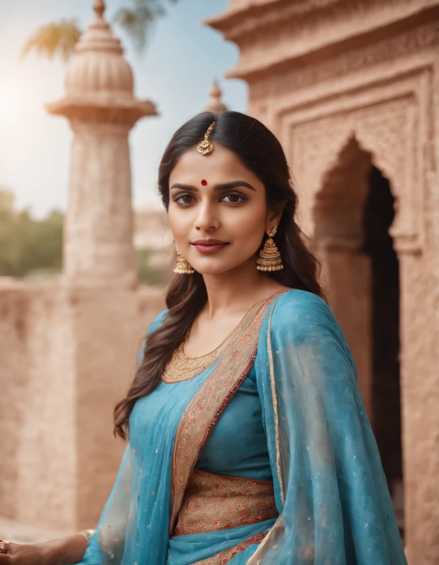 Woman in typical Indian dress, Blue gate in the background, half-length shot, Sunny day, high-quality photo