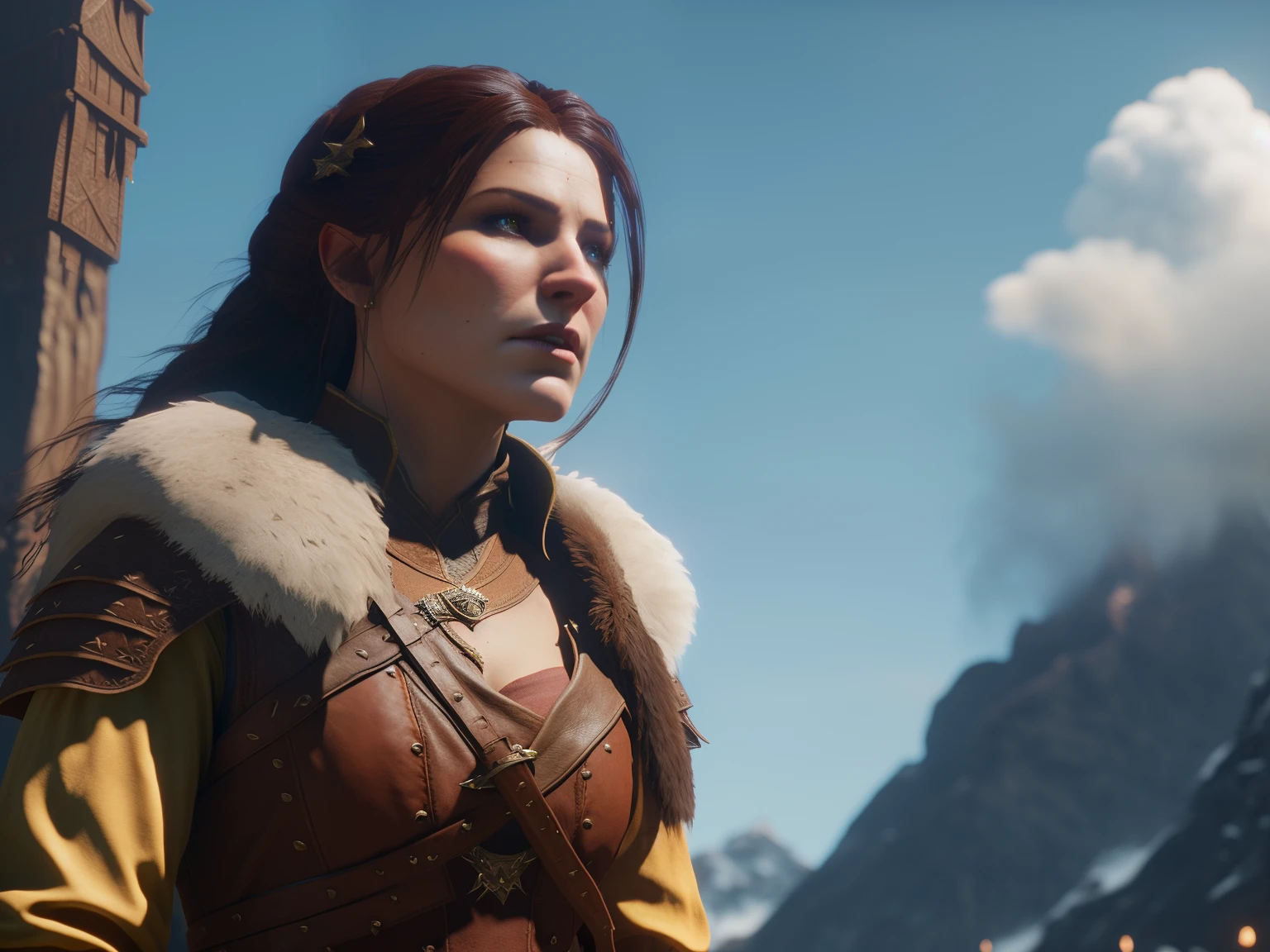 there is a woman in a brown leather outfit standing in front of a mountain, still from a fantasy movie, ps5 cinematic screen capture, from witcher (2021), female lead character, fantasy movie still, 4 k detail fantasy, fantasy style 8 k octane render, ps 4 in - game cinematic, unreal engine render + a goddess, unreal engine character art