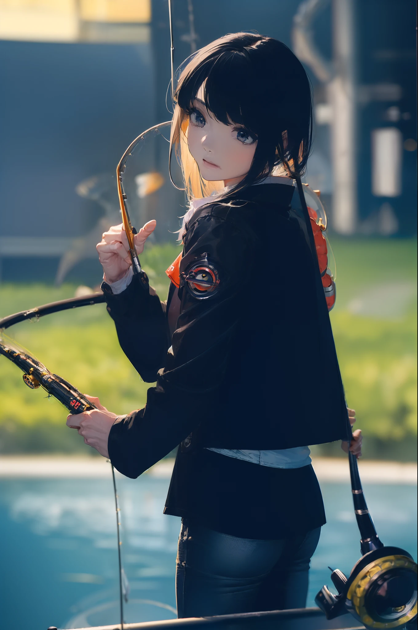 ((((Have fishing rod with a reel:1.5)))),((Female 28 years old)),((Best Quality:1.5)),(((Hands with the correct number and structure of fingers:1.4))),((lakeside:1.37)),hight resolution,ultra-detailliert,masterpiece,best qualtiy,(Eight-headed body),Black hair, long eyeslashes, Solid Circle Eyes, drop shadow, Atmospheric perspective,Super Detail, ccurate, small brest,(Black jacket and black jeans :1.1),top-quality, blurry backround, bokeh dof:1.2, (masterpiece:1.3), Atmospheric perspective,Super Detail,dynamic compositions, Ultra High Quality,