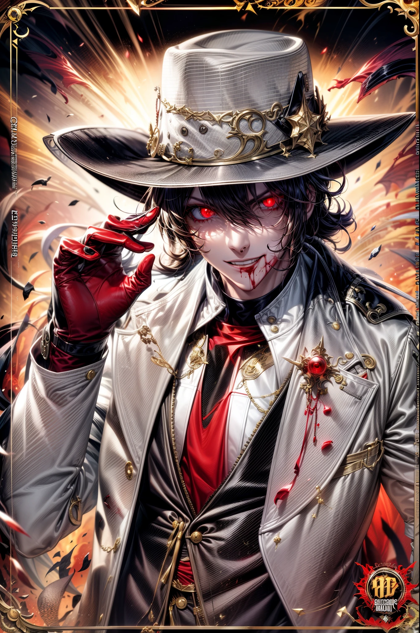 Vampire style,Comic book theatrical version in Hellsong,The male protagonist, Baron Accardo,cowboy hat,cabelos preto e longos,long windbreaker,Silver pistol,(Multiple eyes on clothes:1.5),Blood-red glowing pupils,Magical surrealist comics,Arrogant smiley,White gloves with magic arrays,Red, black and gold tones