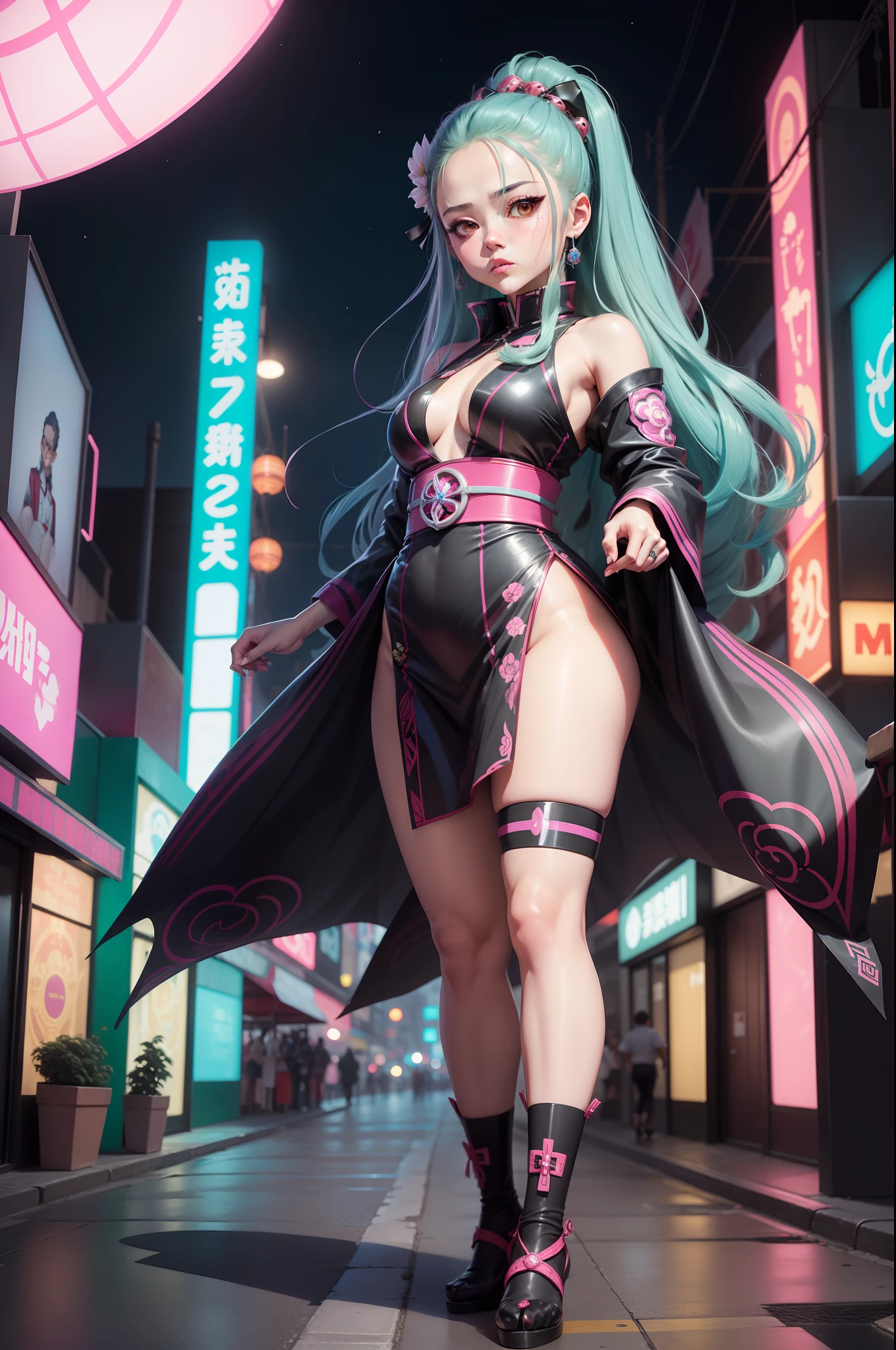 Un personaje de anime Nezuko Manado Kimetsu no Naiba Wiki, Pose de lucha, De pie en una calle de Neotokio, Vibrant and full neon lights, hiper detallado, Tiendas abarrotadas, Cabinas retro, Anuncios manga. Dazzling Japanese underground mega city, Mechas y hologramas de anime mezclados con serenos jardines zen, Harmony of ancient tradition and the future of science fiction, Only Nezuko, Detalles hiper intrincados, Maximum resolution, proporciones perfectas, hipersexual, Pezones erectos, Ropa reveladora, Sexualidad plena,