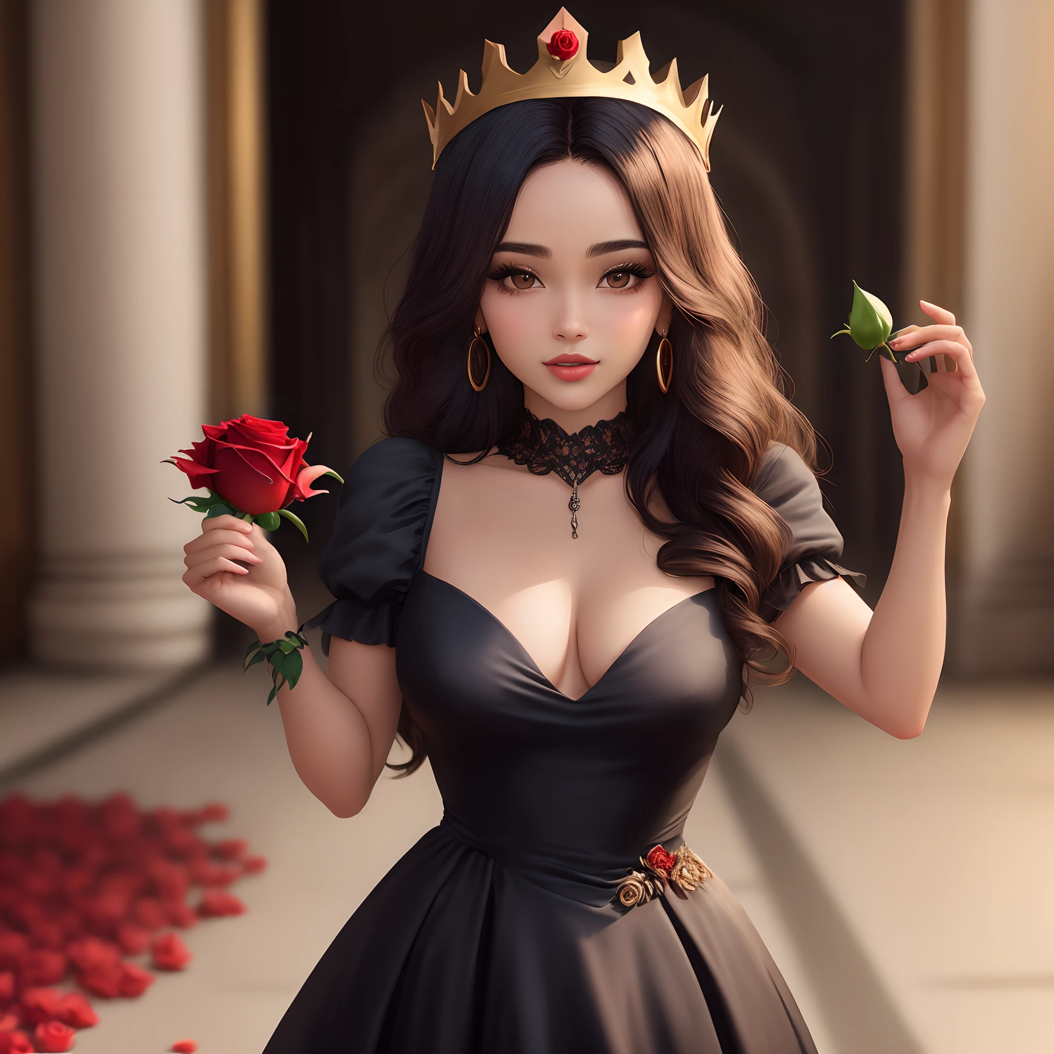 Mulher morena de cabelo preto longo ondulado, vestida com um vestido vermelho e preto. she's is a queen, holds a red rose in his left hand and wears a crown