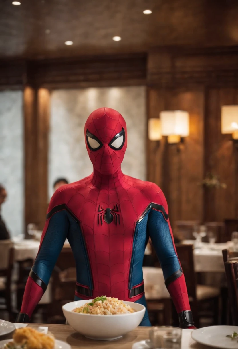 Cinematographer, ultra realista, Ropa detallada, Bellamente detallado, UHD, HDR, Altas Resoluciones, ultra detallado, Detalles intrincados, Efectos texturales, absurdos, obra maestra, 8k:1.2. En esta imagen, vemos a Spider-Man en un inusual descanso de sus actividades heroicas. He's standing in a chic Asian restaurant in his iconic costume...........
Spider-Man holds a bowl of Chinese fried rice mixed with oriental stir-fried noodles in his hands skillfully.., usando unos elegantes palillos chinos para llevar un bocado a su boca. The plate is full of fried rice, salteado. The restaurant is decorated with traditional Chinese elements, como linternas rojas colgando del techo y dragones dorados esculpidos en las paredes. The dim light of the lanterns creates a warm and welcoming atmosphere in the place.