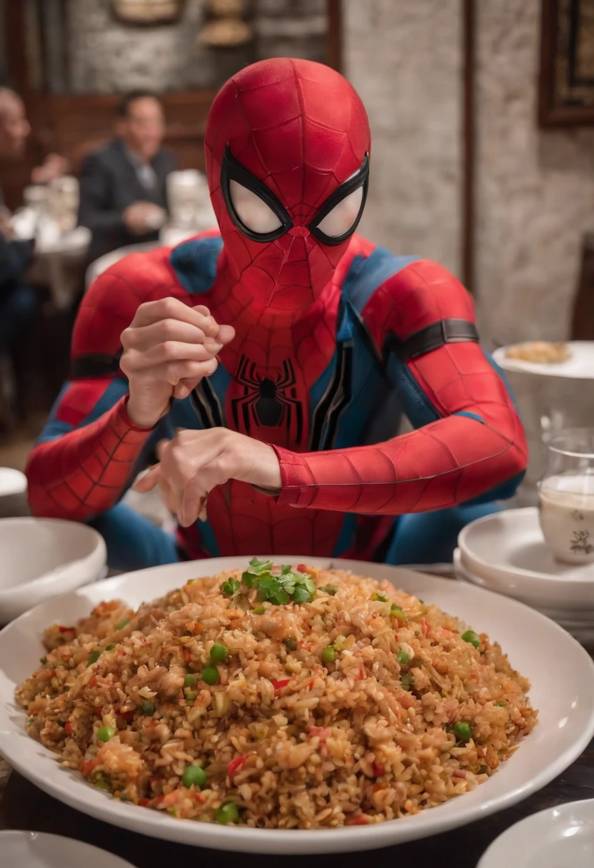 Cinematographer, ultra realista, Ropa detallada, Bellamente detallado, UHD, HDR, Altas Resoluciones, ultra detallado, Detalles intrincados, Efectos texturales, absurdos, obra maestra, 8k:1.2. En esta imagen, vemos a Spider-Man en un inusual descanso de sus actividades heroicas. He's standing in a chic Asian restaurant in his iconic costume...........
Spider-Man holds a bowl of Chinese fried rice mixed with oriental stir-fried noodles in his hands skillfully.., usando unos elegantes palillos chinos para llevar un bocado a su boca. The plate is full of fried rice, salteado. The restaurant is decorated with traditional Chinese elements, como linternas rojas colgando del techo y dragones dorados esculpidos en las paredes. The dim light of the lanterns creates a warm and welcoming atmosphere in the place.