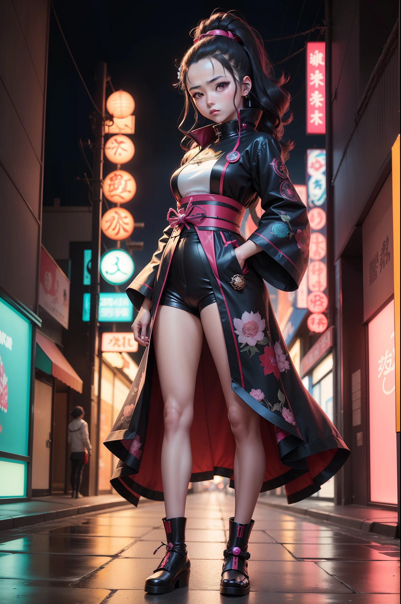 Un personaje de anime Nezuko Manado Kimetsu no Naiba Wiki, Pose de lucha, De pie en una calle de Neotokio, Vibrant and full neon lights, hiper detallado, Tiendas abarrotadas, Cabinas retro, Anuncios manga. Dazzling Japanese underground mega city, Mechas y hologramas de anime mezclados con serenos jardines zen, Harmony of ancient tradition and the future of science fiction, Only Nezuko, Detalles hiper intrincados, Maximum resolution, proporciones perfectas, hipersexual, Pezones erectos, Ropa reveladora, Sexualidad plena,
