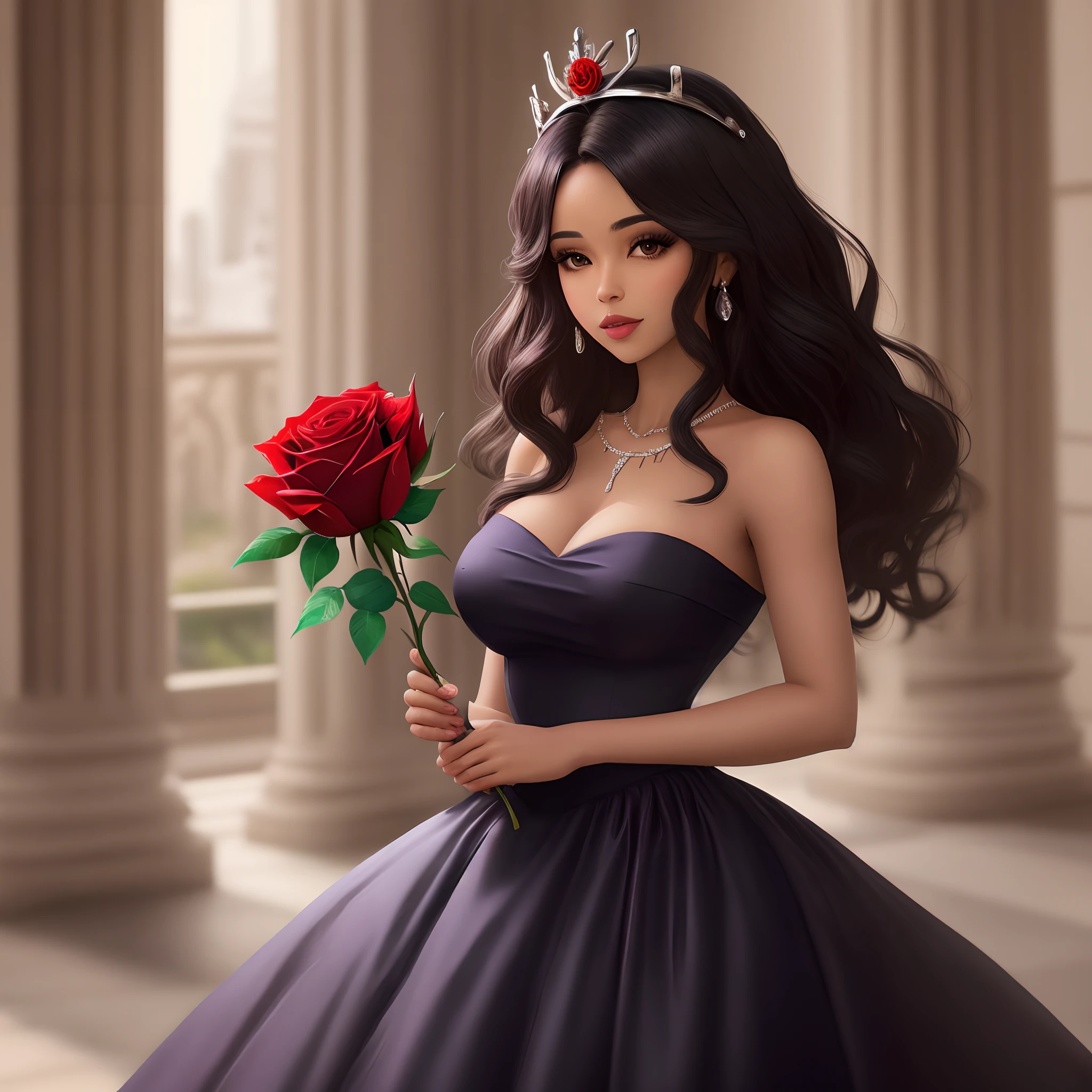 Mulher morena de cabelo preto longo ondulado, vestida com um vestido vermelho e preto. she's is a queen, holds a red rose in his left hand and wears a crown