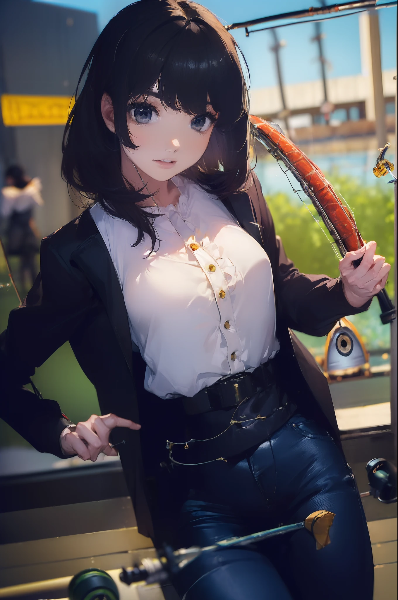 ((((Have fishing rod with a reel:1.5)))),((Female 28 years old)),((Best Quality:1.5)),(((Hands with the correct number and structure of fingers:1.4))),((lakeside:1.37)),hight resolution,ultra-detailliert,​masterpiece,best qualtiy,(Eight-headed body),Black hair, long eyeslashes, Solid Circle Eyes, drop shadow, Atmospheric perspective,Super Detail, ccurate, small brest,(Black jacket and black jeans :1.1),top-quality, blurry backround, bokeh dof:1.2, (​masterpiece:1.3),  Atmospheric perspective,Super Detail,dynamic compositions, Ultra High Quality,
