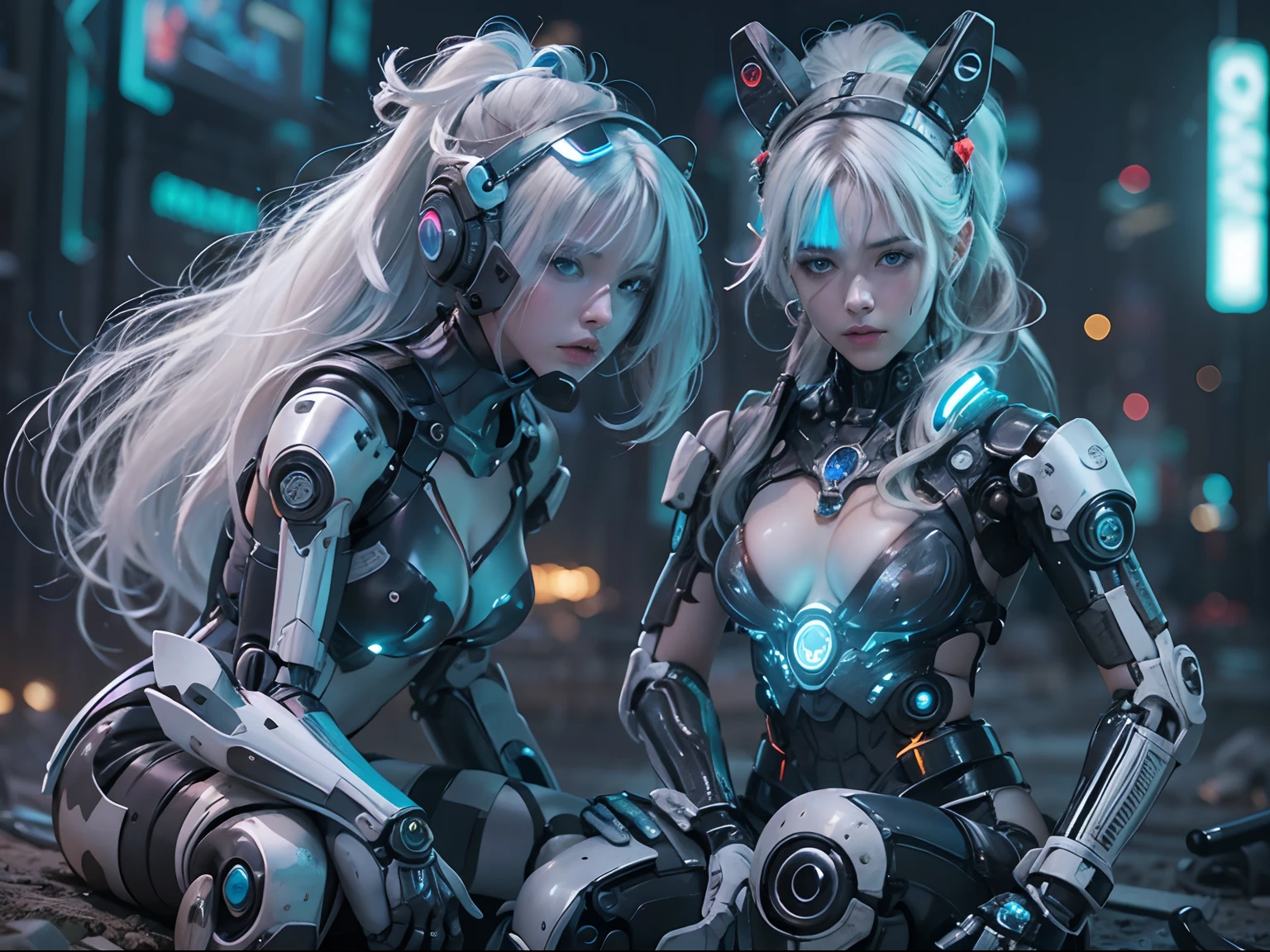 nsfw, 1girl, cyberpunk, robotic armor, (masterpiece: 1.4), (8K, realistic, raw photo, best quality: 1.4), nipple areola shape clear, nude, Japanese girl, beautiful cute face, (real face: 1.4), perfect pussy, beautiful hairstyle, realistic blue eyes, beautiful detail eyes, (real skin: 1.3), beautiful skin, attractive, ultra high resolution, ultra realistic, off-sheller, night view, shiny moon, burning city, post apocalyptic world, cinematic lighting, white colored hair, long hair, twin ponytails, blue ribbons, weapon in hands, alien spaceship, robot army, futuristic fantasy, sitting on machine, legs open, squatting cowgirl pose