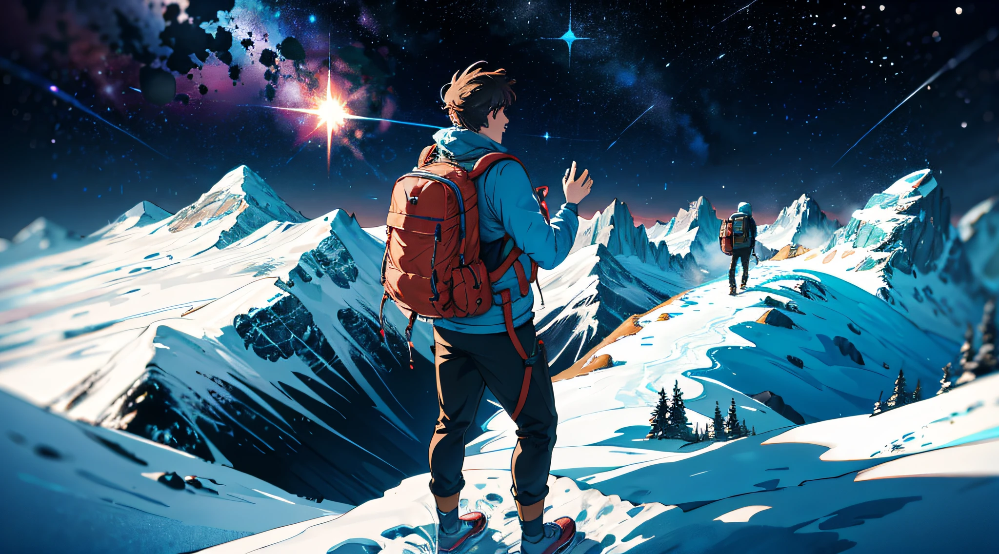 /imagine prompt:A 30-year-old man dressed in twentieth-century garb, traversing mountain trails with a backpack::2 An album cover with A cosmic journey through a sea of plasma and sound resonating with the viewer on a deeper level incorporating a guitar connected to an array of effects pedals --v 5 --chaos 30 --stylize 100 --ar 3:2