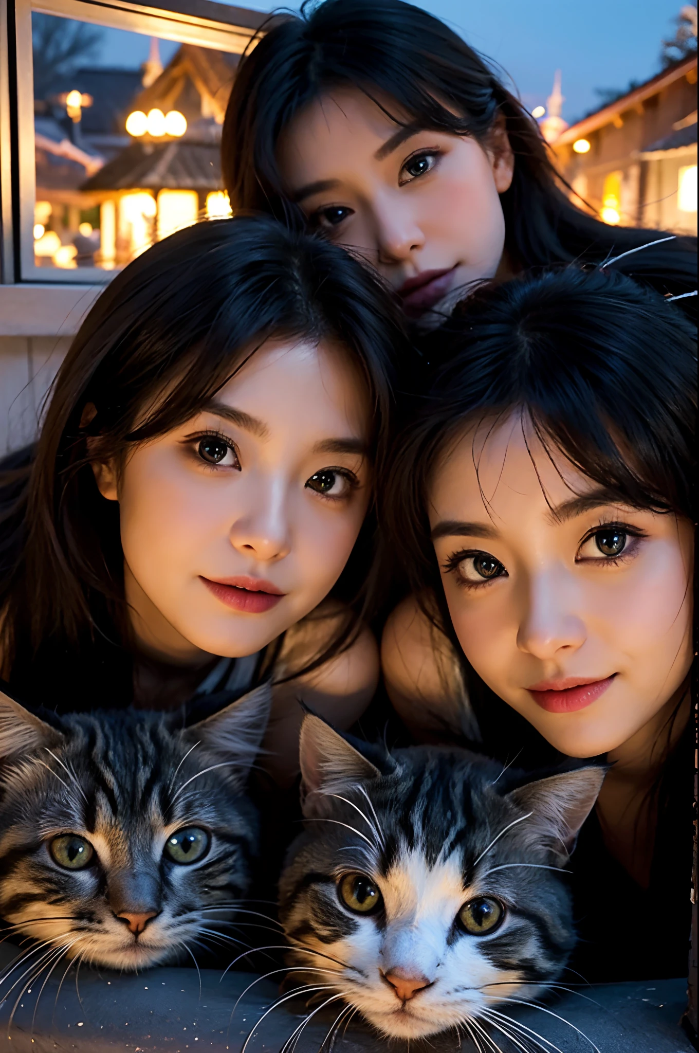 CARTOON, DISNEY STYLE, OIL painted, intricate, TWO ADULT CATS, THREE KITTENS, ON A ROOF TOP, characteristic portrait of a lovely woman, kindness, beauty, softness, big beautiful eyes, volumetric lighting, beautiful, rich deep colors, masterpiece, sharp focus, ultra detailed, astrophotography