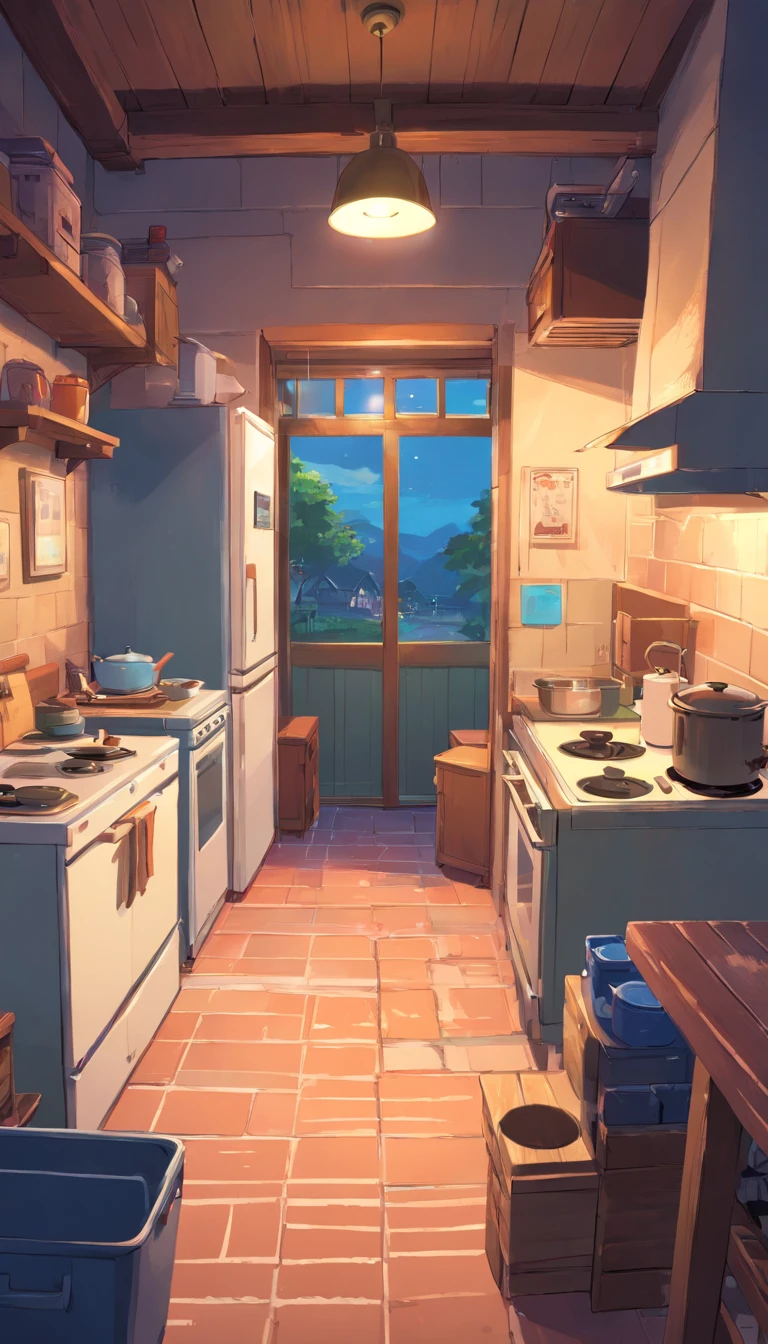Isometric rendering of horror village house game art at dusk,from below,rice cooker,refrigerator,microwave oven,cranny,Cabinet clearance,the detail, 4K, k hd, high high quality