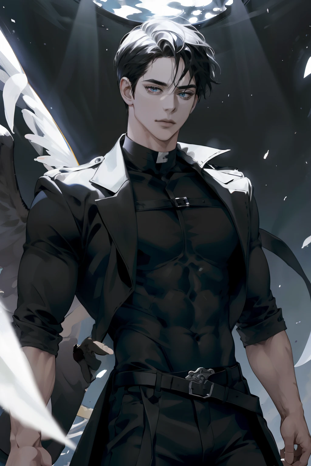 (absurdos, high resolusion, ultra detallado), 1 hombre, adulto, guapo, Cara sin pelo, Chico alto y musculoso, hombros anchos, ojos finamente detallados y rostro detallado, cabello de color negro, ojos grises, fantasy, gorgeous background, trono, Magic effect, Fuego