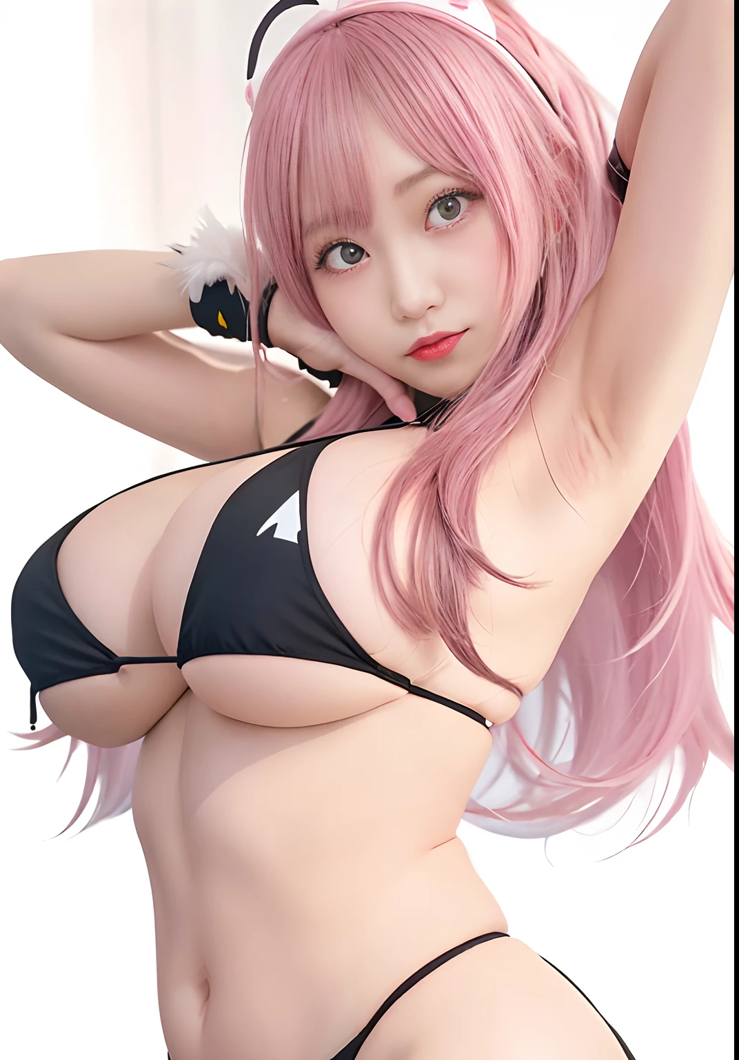 anime girl in a black bikini with pink hair and a black top, yellow eye, open mouth, seductive anime girl, oppai, top rated on pixiv, (anime girl), haruno sakura, thicc, at pixiv, anime moe artstyle, anime girls, attractive anime girl, waifu, anime best girl, big breasts!, anime girl, anime waifu, ahegao