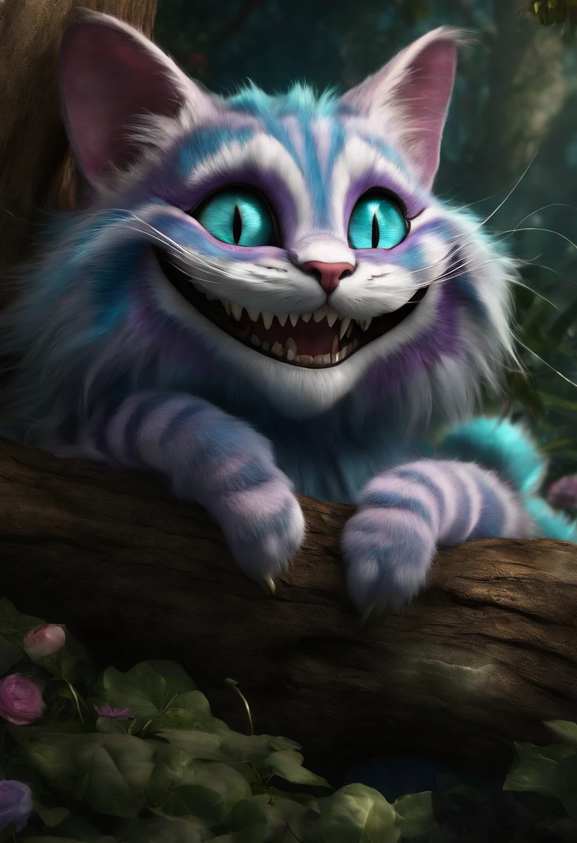 ((Alice in Wonderland Cheshire Cat)), Full shot, Fluffy hair, Anthropomorphic expressions, Grin, Showing fangs Rich color, Exquisite details, Realistic, artsation, CG, Realistic, illusory engine, Real light and shadow, Beautiful rich colors, Amazing details, A pair of ears, Masterpiece, High quality