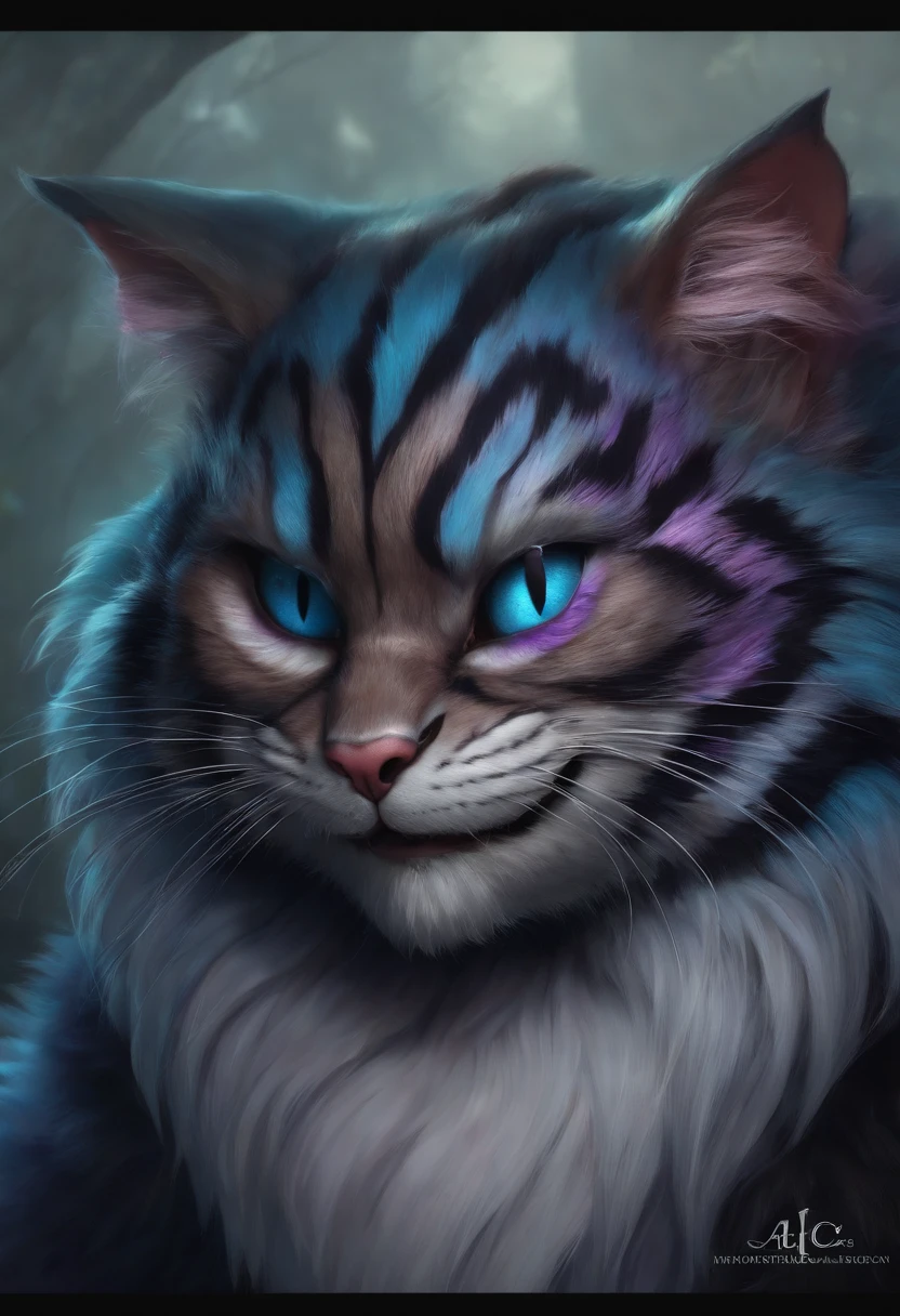 ((Alice in Wonderland Cheshire Cat)), Full shot, Fluffy hair, Anthropomorphic expressions, Grin, Showing fangs Rich color, Exquisite details, Realistic, artsation, CG, Realistic, illusory engine, Real light and shadow, Beautiful rich colors, Amazing details, A pair of ears, Masterpiece, High quality