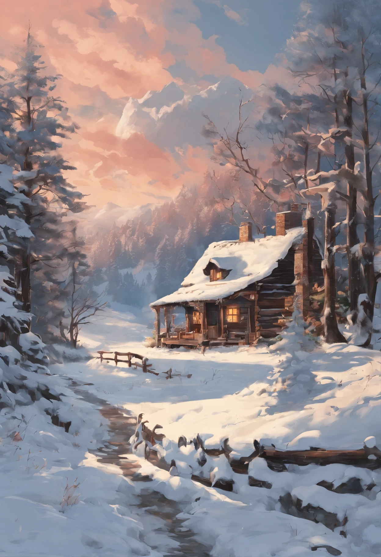 (old people,hungry,snowy mountain),illustration,winter scene,snow-covered trees,small cottage,smoke rising from the chimney,buffalo plaid blanket,wrinkled hands holding a spoon,frosty breath,starving expressions,hopeful eyes,warm fireplace crackling,beautiful snowy landscape,breathtaking view,crisp air,peaceful silence,cozy and inviting atmosphere,soft falling snowflakes,cold weather attire,woolen hats and scarves,steaming hot soup,snow-covered path leading to the cottage,weathered wooden logs,roaring fire,smell of woodsmoke,fluffy snowdrifts,layers of snow on the rooftop,icicles hanging from the eaves,deep blue sky with a touch of pink,happiness in simple pleasures,gleaming sunlight reflecting off the snow,love and care in every bite of food,remnants of a hearty meal on the dining table,worn-out tablecloth,tattered curtains,memory-filled photo frames,life's journey etched on their wrinkled faces,stories of resilience and wisdom,slow-paced and contented lives,enduring the harsh winter together,old-fashioned family values. (best quality,4k,highres),warm color tones,subtle lighting.