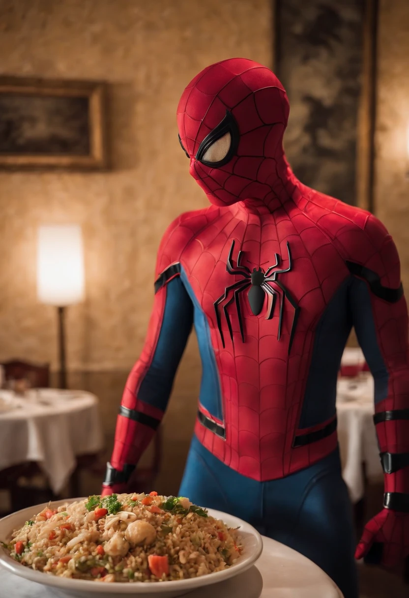 Cinematographer, ultra realista, Ropa detallada, Bellamente detallado, UHD, HDR, Altas Resoluciones, ultra detallado, Detalles intrincados, Efectos texturales, absurdos, obra maestra, 8k:1.2. En esta imagen, vemos a Spider-Man en un inusual descanso de sus actividades heroicas. He's standing in a chic Asian restaurant in his iconic costume............
Spider-Man holds a bowl of Chinese fried rice mixed with oriental stir-fried noodles in his hands skillfully.., usando unos elegantes palillos chinos para llevar un bocado a su boca. The plate is full of fried rice, salteado. The restaurant is decorated with traditional Chinese elements, como linternas rojas colgando del techo y dragones dorados esculpidos en las paredes. The dim light of the lanterns creates a warm and welcoming atmosphere in the place.