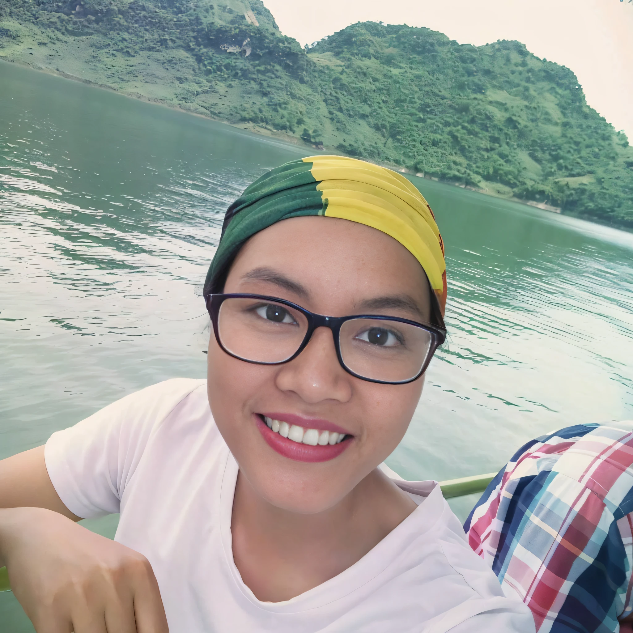there is a woman glasses on a boat, mai anh tran, with mountains in the background,  with mountains in background, with mountains as background, lake in the background, vietnamese woman, with a beautifull smile