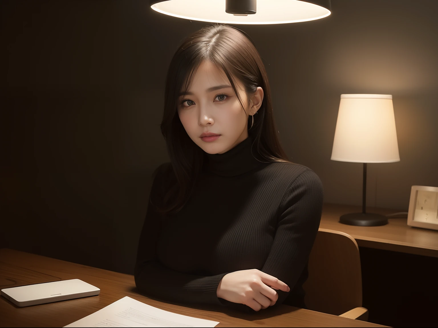 ​masterpiece、top-quality、a picture、Realisticity、high-level image quality、Advanced depth of field、daily、realisticlying、s Office、((Pitch black room、Only the dim light of a small table lamp、mid night))、married woman、age 40s、lana、Computer work、Standing leaning against a desk、Not looking at the viewer、Arms crossed、large full breasts、Black turtleneck、no-bra、raised udder、large boob、pointed Nipple、