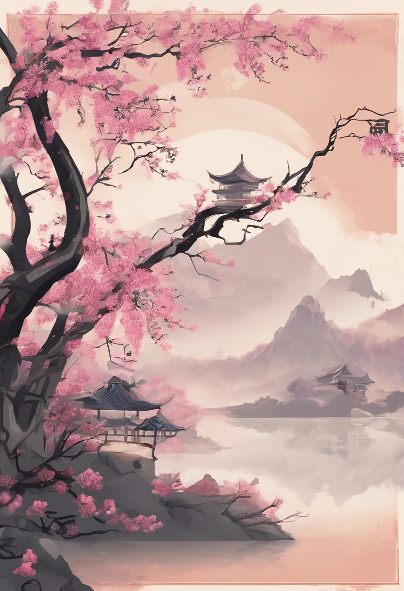 Valley Rain,Traditional Chinese solar term term,(((Wisteria flowers))),National style,Ink wind,solid color backdrop,(((cuckoo)))Stand on a flower branch,Landscape view,Don't be characterized,Don't be characterized,Do not build
