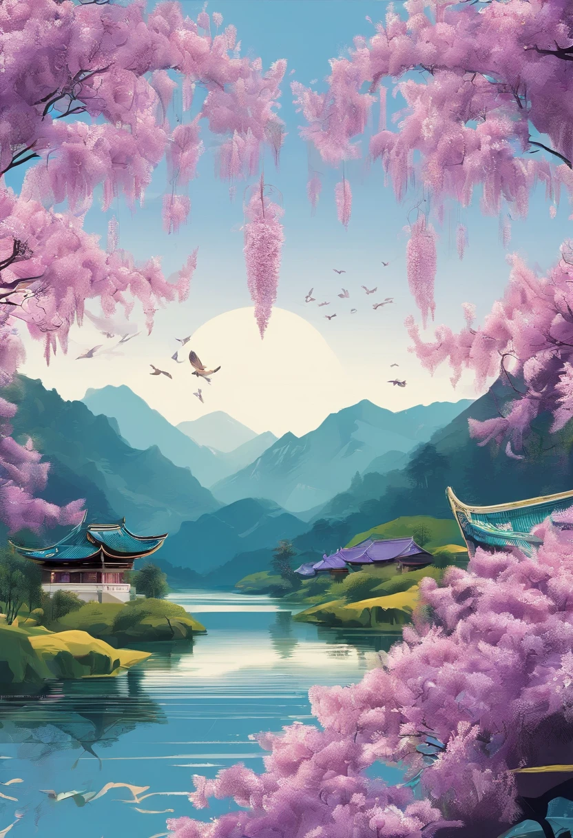 Valley Rain,Traditional Chinese solar term term,(((Wisteria flowers))),National style,Ink wind,solid color backdrop,(((cuckoo)))Stand on a flower branch,Landscape view,Don't be characterized,Don't be characterized,Do not build