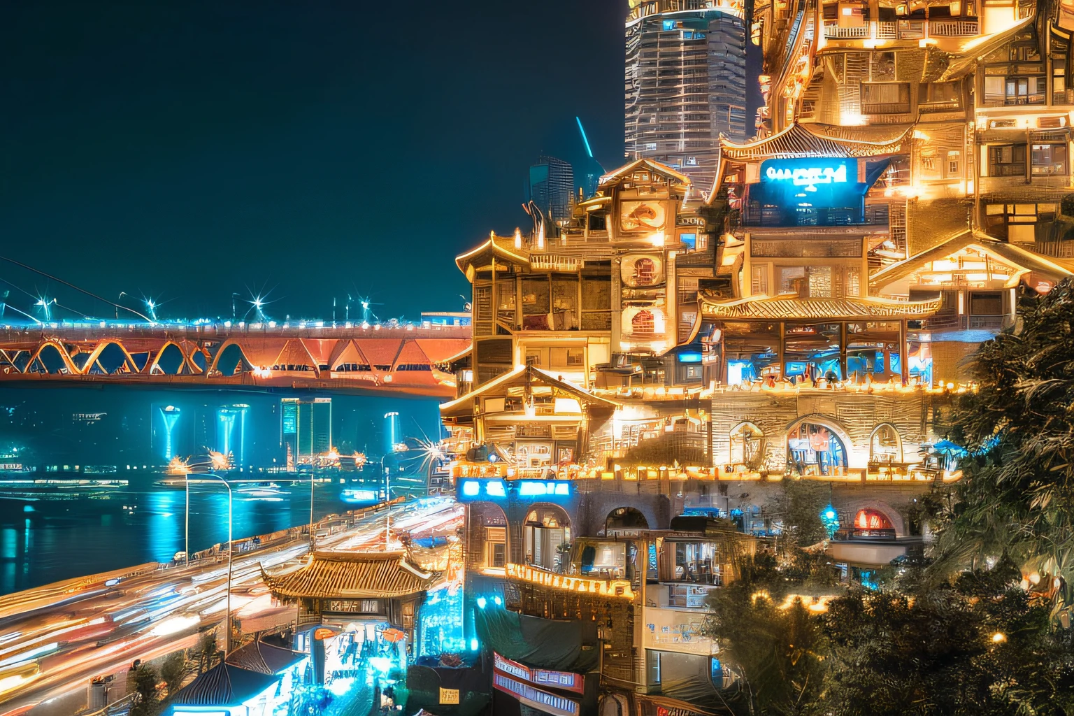 nighttime view of a city with a bridge and a river, dreamy Chinese towns, Chinese architecture, Ancient Chinese architecture, like jiufen, cyberpunk chinese ancient castle, interesting background, Beautifully lit building, Chinese style buildings, Chinese New Year in Chongqing, night shot, beautiful high resolution, Beautiful, neon lights in the city below, chinese temple, professional, with glowing lights at night