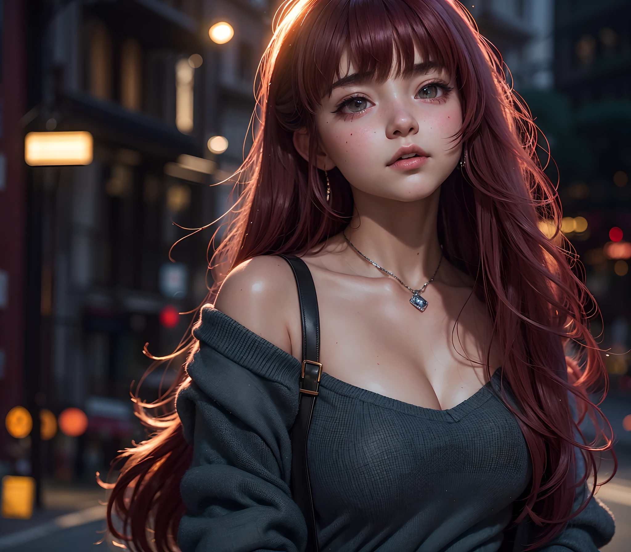 A cute girl, blushing cheeks, in love with the viewer, bangs, red haired, long straight hair, intricately detailed skin and face, ultra high definition, 8k resolution, 16k resolution, dream like ambience, bloom effect, highly detailed photo realistic, cinematic side lighting, cinematic lighting, theatrical lighting, movie like photo, city street back ground