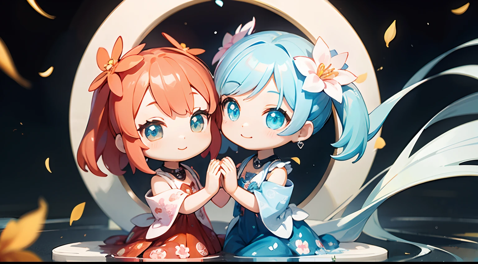 photoRealstic、Two dolls standing in front of the painting（nendroid）、A smile、Water droplets on the cheeks、Two people put their hands together to make a heart in a cute pose、watercolor Nendoroid、(High Definition Figure)、Flowing iridescent silk、up of face、Eye Up、Colorcon with heart pattern、Floral dress、There are also flowers in front of the nendroids、flower petals、season!!: 夏天☀ 🍂