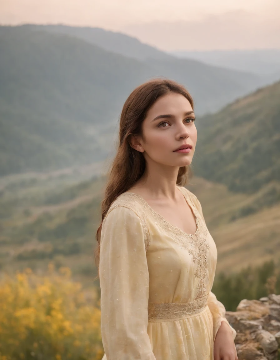 young girl standing on top of the valley looking to the left, in the style of candid portraiture, light yellow, stockphoto, associated press photo, folkloric portraits, close up, happenings