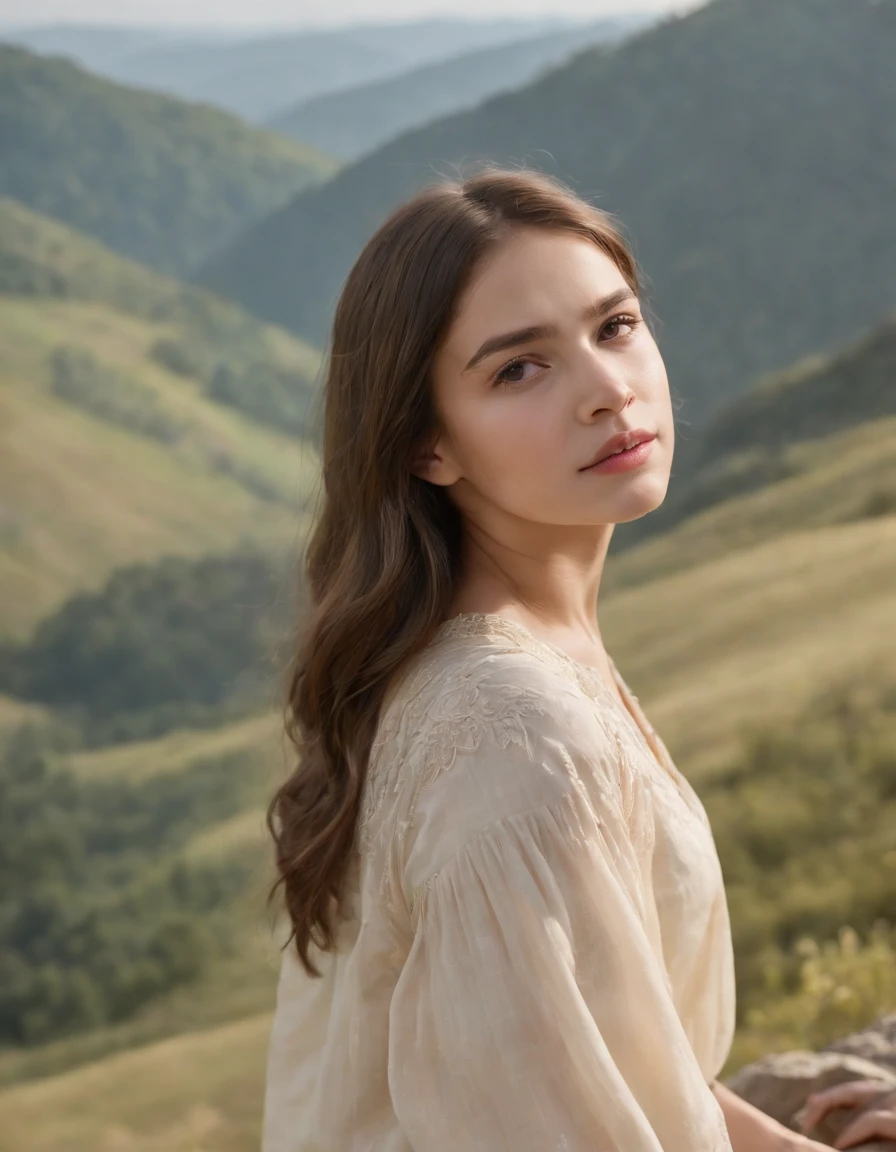 young girl standing on top of the valley looking to the left, in the style of candid portraiture, light yellow, stockphoto, associated press photo, folkloric portraits, close up, happenings