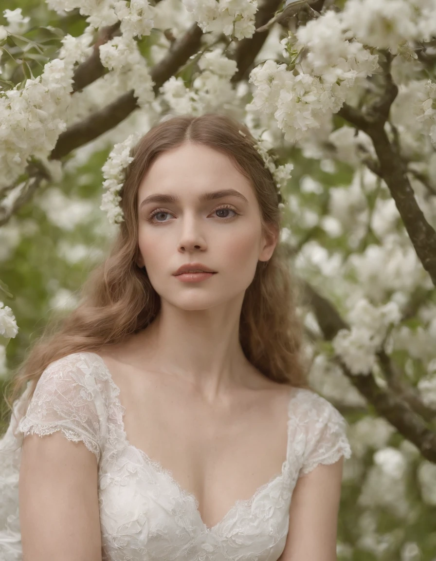 lady in white dress sits in the tree, in the style of monochrome portraits, fairycore, helene knoop, stereotype photography, pegi nicol macleod, camille pissarro, close up