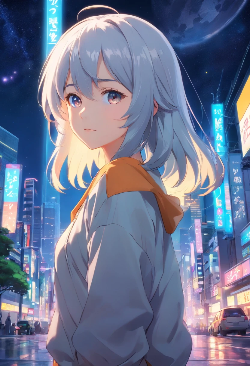 Silver-haired girl，The stars are anthropomorphic，full moon，Cyberpunk, dreamy glow, luminous neon lights, ( Global illumination, Ray traching, hdr, unreal render,reasonable design, high detal, Masterpiece, Best quality, hyper HD, Cinematic lighting), Mecha musume