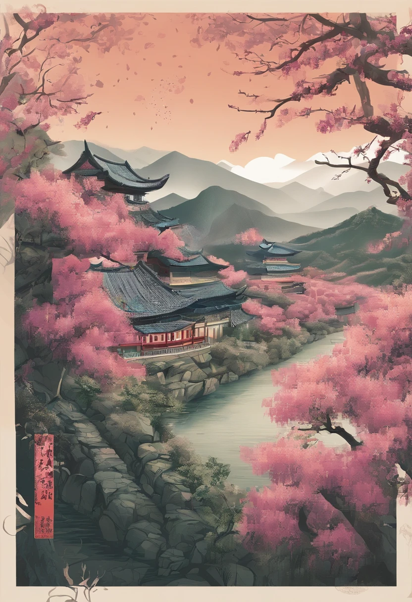 Valley Rain,Traditional Chinese solar term term,(((Wisteria flowers))),National style,Ink wind,solid color backdrop,(((cuckoo)))Stand on a flower branch,Landscape view,Don't be characterized,Don't be characterized,Do not build,There are no buildings
