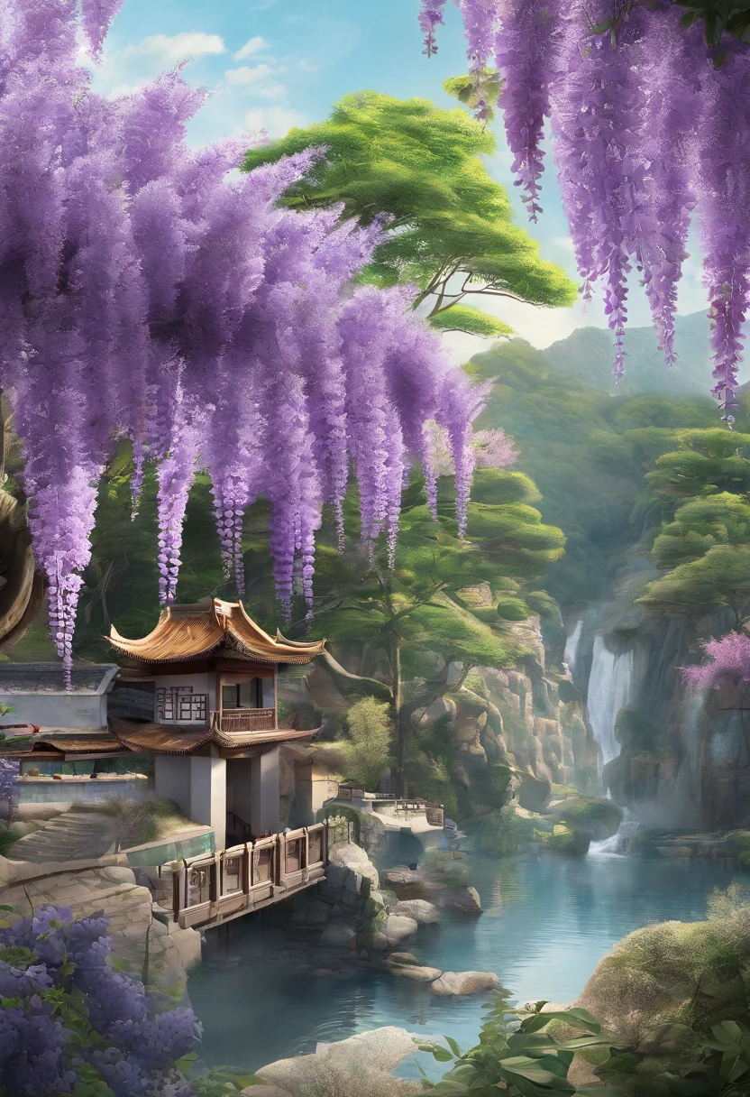 Valley Rain，Traditional Chinese solar term term，(((Wisteria flowers)))，National style，Ink wind，solid color backdrop，(((cuckoo)))Stand on a flower branch，Landscape view，Don't be characterized，Don't be characterized,Do not build，There are no buildings