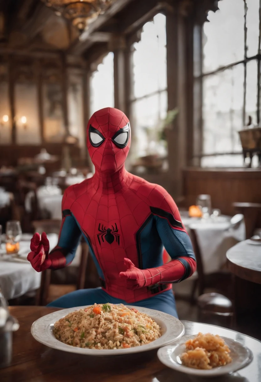 Cinematographer, ultra realista, Ropa detallada, Bellamente detallado, UHD, HDR, Altas Resoluciones, ultra detallado, Detalles intrincados, Efectos texturales, absurdos, obra maestra, 8k:1.2. En esta imagen, vemos a Spider-Man en un inusual descanso de sus actividades heroicas. He's standing in a chic Asian restaurant in his iconic costume.............
Spider-Man holds a bowl of Chinese fried rice mixed with oriental stir-fried noodles in his hands skillfully.., usando unos elegantes palillos chinos para llevar un bocado a su boca. The plate is full of fried rice, salteado. The restaurant is decorated with traditional Chinese elements, como linternas rojas colgando del techo y dragones dorados esculpidos en las paredes. The dim light of the lanterns creates a warm and welcoming atmosphere in the place.