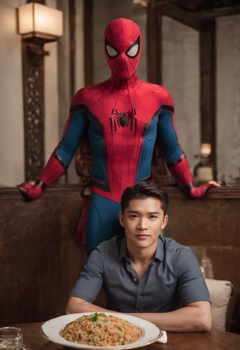 Cinematographer, ultra realista, Ropa detallada, Bellamente detallado, UHD, HDR, Altas Resoluciones, ultra detallado, Detalles intrincados, Efectos texturales, absurdos, obra maestra, 8k:1.2. En esta imagen, vemos a Spider-Man en un inusual descanso de sus actividades heroicas. He's standing in a chic Asian restaurant in his iconic costume.............
Spider-Man holds a bowl of Chinese fried rice mixed with oriental stir-fried noodles in his hands skillfully.., usando unos elegantes palillos chinos para llevar un bocado a su boca. The plate is full of fried rice, salteado. The restaurant is decorated with traditional Chinese elements, como linternas rojas colgando del techo y dragones dorados esculpidos en las paredes. The dim light of the lanterns creates a warm and welcoming atmosphere in the place.