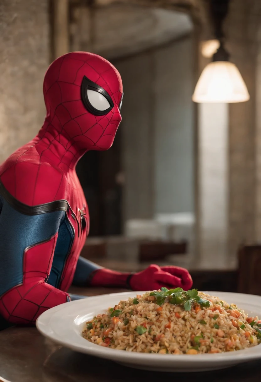Cinematographer, ultra realista, Ropa detallada, Bellamente detallado, UHD, HDR, Altas Resoluciones, ultra detallado, Detalles intrincados, Efectos texturales, absurdos, obra maestra, 8k:1.2. En esta imagen, vemos a Spider-Man en un inusual descanso de sus actividades heroicas. He's standing in a chic Asian restaurant in his iconic costume.............
Spider-Man holds a bowl of Chinese fried rice mixed with oriental stir-fried noodles in his hands skillfully.., usando unos elegantes palillos chinos para llevar un bocado a su boca. The plate is full of fried rice, salteado. The restaurant is decorated with traditional Chinese elements, como linternas rojas colgando del techo y dragones dorados esculpidos en las paredes. The dim light of the lanterns creates a warm and welcoming atmosphere in the place.