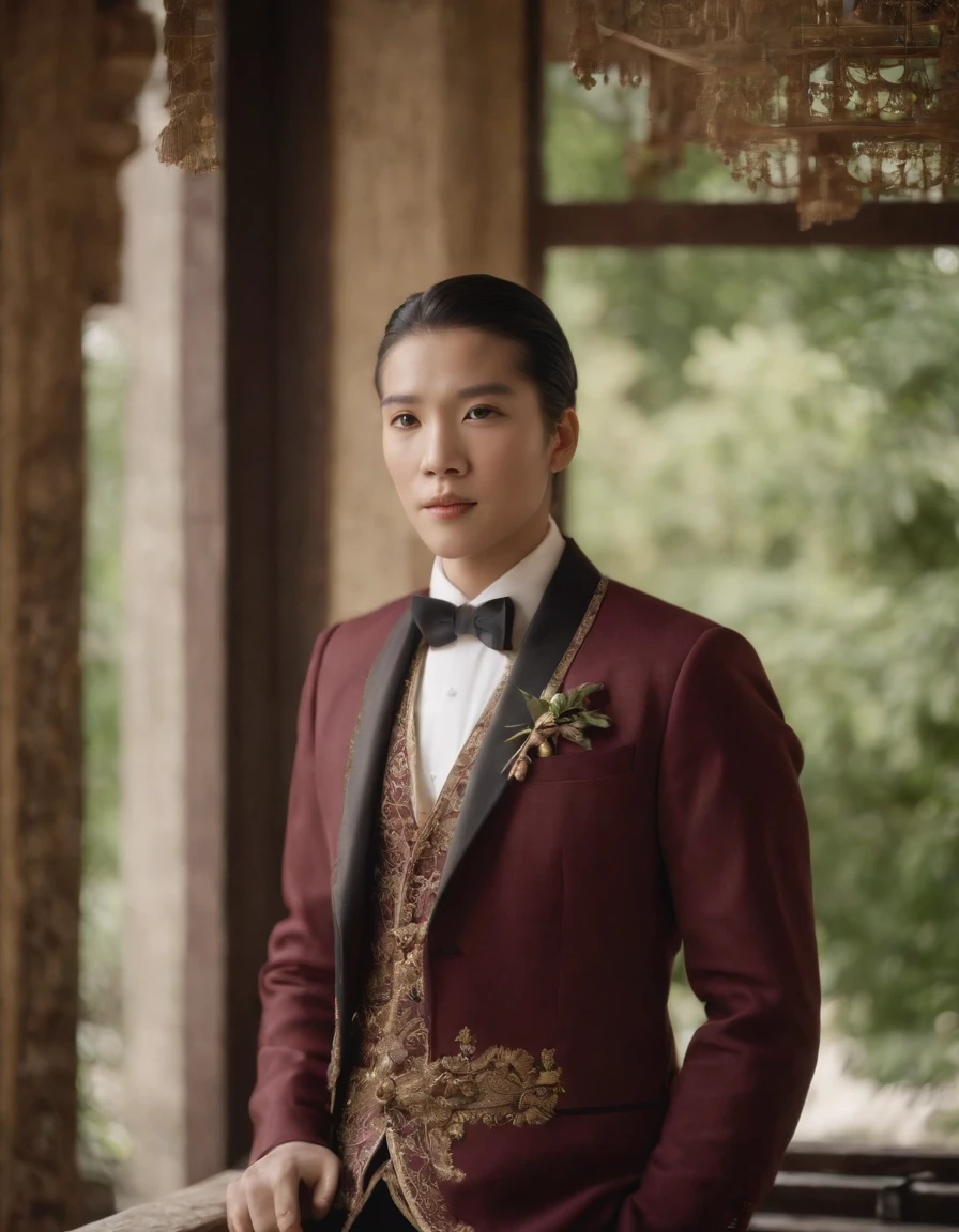 the man in the tuxedo leans against something in the window, in the style of asian-inspired motifs, dark maroon and light gold, troubadour style, medieval inspiration, photo taken with provia, genderless, elaborate beadwork