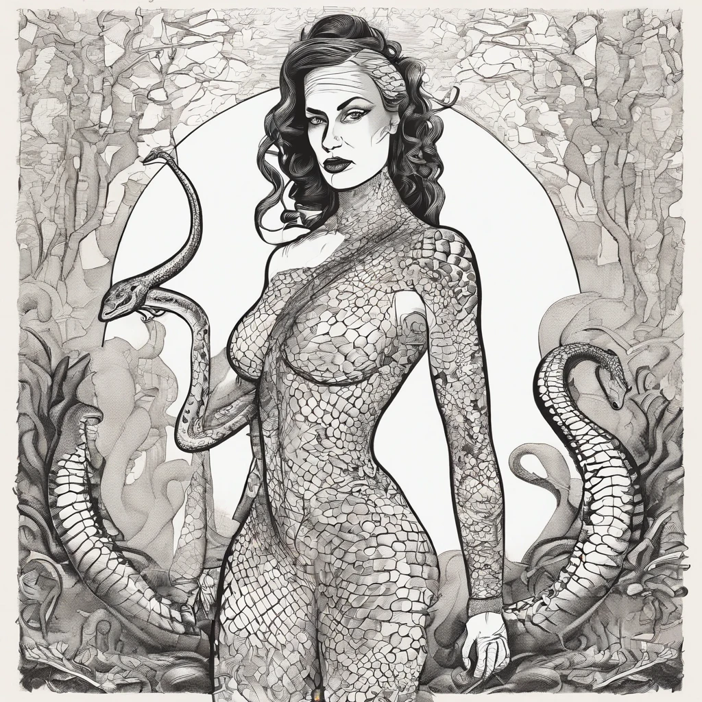 (comic art style), sketch of a silhouette of a woman, medusa, bald, hairless, snakes on head, lower body snake tail, snake woman hybrid, rear view, full length, snake dress, sketchbook, dark, gritty, realistic sketch, rough sketch, mix of dark bold lines and loose lines, hand drawn sketch, pen and ink line illustration, candid, ((art style "Sean Gordon Murphy" comic drawing, splash panel)), full body portrait, (body, Naga, snakefolk, lower body snake tail, snake woman hybrid, bald, hairless, skeleton, body drawn in Frederic Delavier musculature anatomical illustration art style, snake skin tattoos, piercing eyes, snake pupils), snake skin dress, ((colors, forest green to earth brown, merge bleak muted deep fiery radiant glowing ROYGBIV:1.1)),