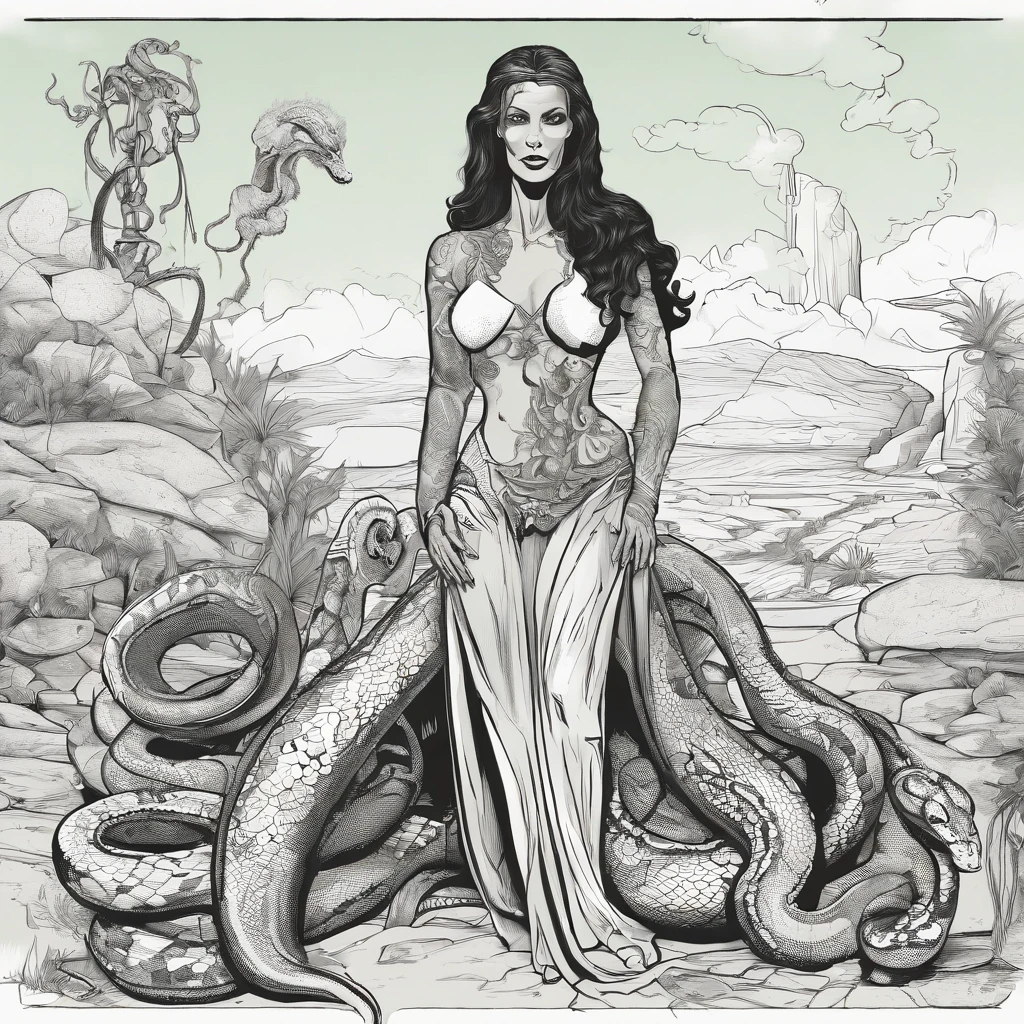 (comic art style), sketch of a silhouette of a woman, medusa, bald, hairless, snakes on head, lower body snake tail, snake woman hybrid, rear view, full length, snake dress, sketchbook, dark, gritty, realistic sketch, rough sketch, mix of dark bold lines and loose lines, hand drawn sketch, pen and ink line illustration, candid, ((art style "Sean Gordon Murphy" comic drawing, splash panel)), full body portrait, (body, Naga, snakefolk, lower body snake tail, snake woman hybrid, bald, hairless, skeleton, body drawn in Frederic Delavier musculature anatomical illustration art style, snake skin tattoos, piercing eyes, snake pupils), snake skin dress, ((colors, forest green to earth brown, merge bleak muted deep fiery radiant glowing ROYGBIV:1.1)),