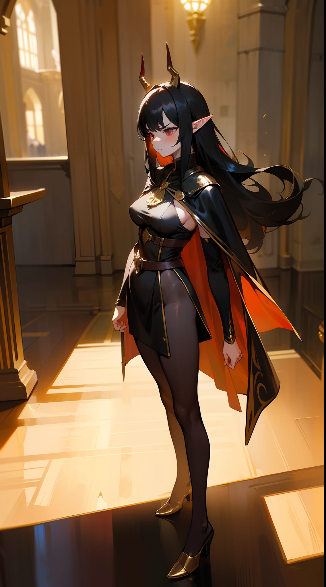 1woman,40 years,solo,angry face,golden and black short dress,medium tits,black hair,long hair,red eyes,elves ears,golden horns,pantyhose,a cape so long it touches the ground,(((standing in front of a room inside a castle)))