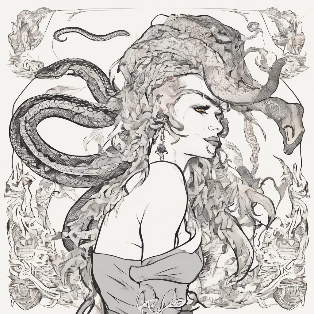 (comic art style), ink on paper, character turnaround sheet, medusa, gorgon, snakefolk, woman snake hybrid, lower body snake tail. full body portrait, masterpiece, craftsmanship nuance, color pieces, sketchbook, hand drawn, dark, gritty, realistic sketch, rough sketch, mix of dark bold lines and loose lines, bold lines, on paper, twisted character sheet, comics of the 1990's, harsh ink lines, expressive ink techniques, distinctive line work, precise harsh strokes, dynamic expressive linework)