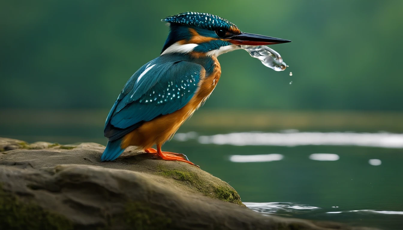 A kingfisher fishing on the surface of the water,Features,natural soft light,National Geographic Photography faces the white wolf of the forest looking menacing, Surrealists, Photogram, Very high resolution photos