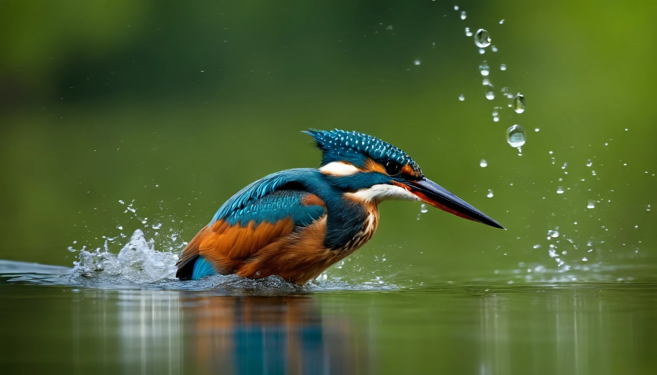 A kingfisher fishing on the surface of the water,Features,natural soft light,National Geographic Photography faces the white wolf of the forest looking menacing, Surrealists, Photogram, Very high resolution photos