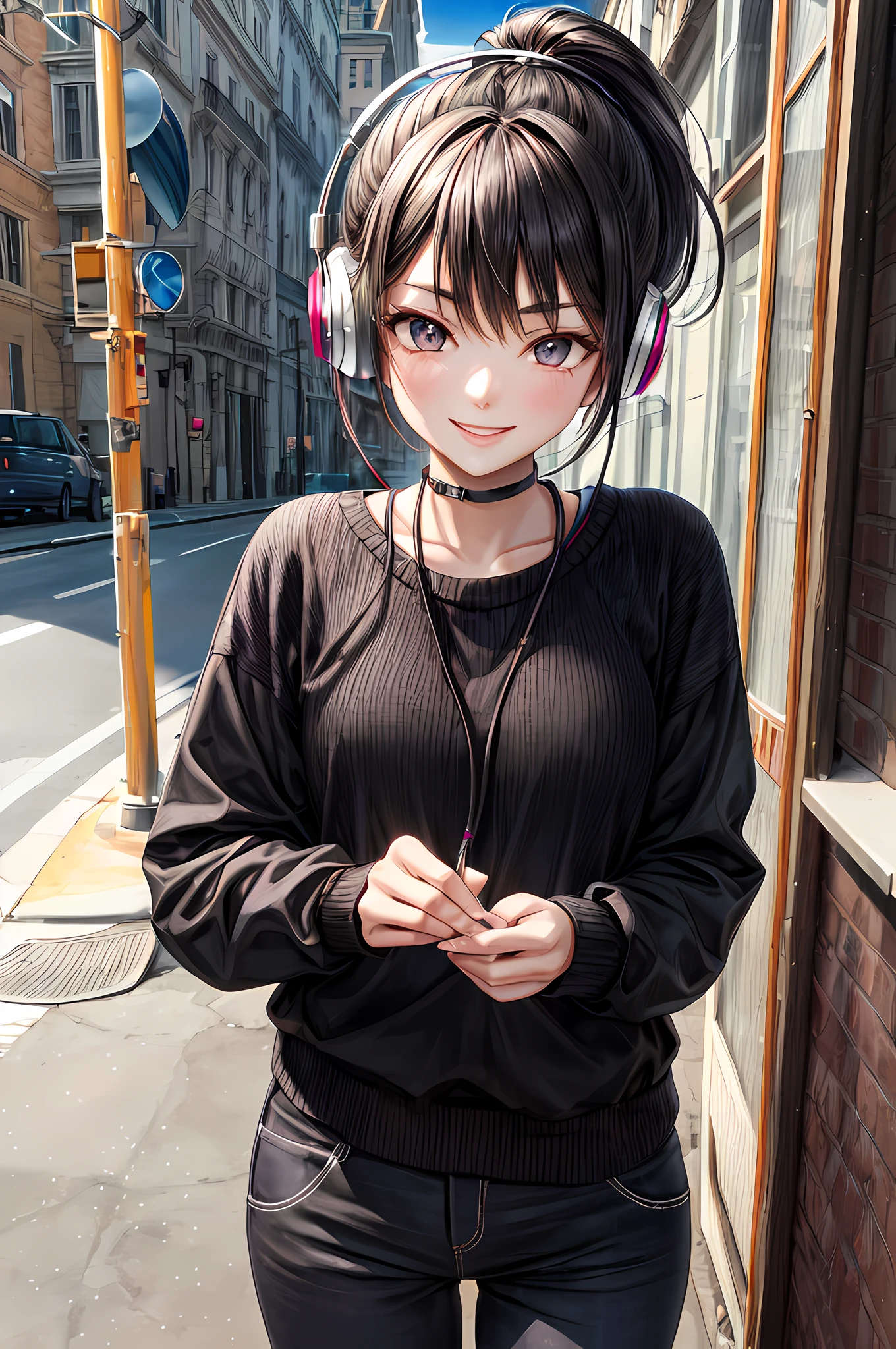 best quality,masterpiece,original,extremely detailed wallpaper,looking at viewer,1girl,solo,black hair,high ponytail,striped long sleeves,black pants,headphones,black eyes,thick eyebrows, happy,smile,