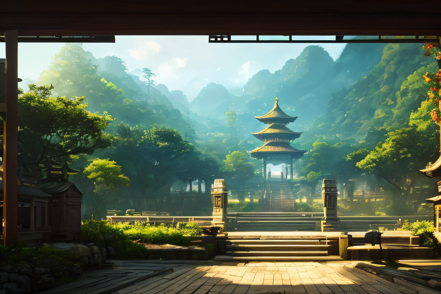 shrines、2048x1152 pixels or higher、mystical、realisitic、very detailed and magical lighting、Solarpunk、landscapes、Lush beautiful with beautiful lighting and realistic proportions、Cinematic background、8K、top-quality、​masterpiece