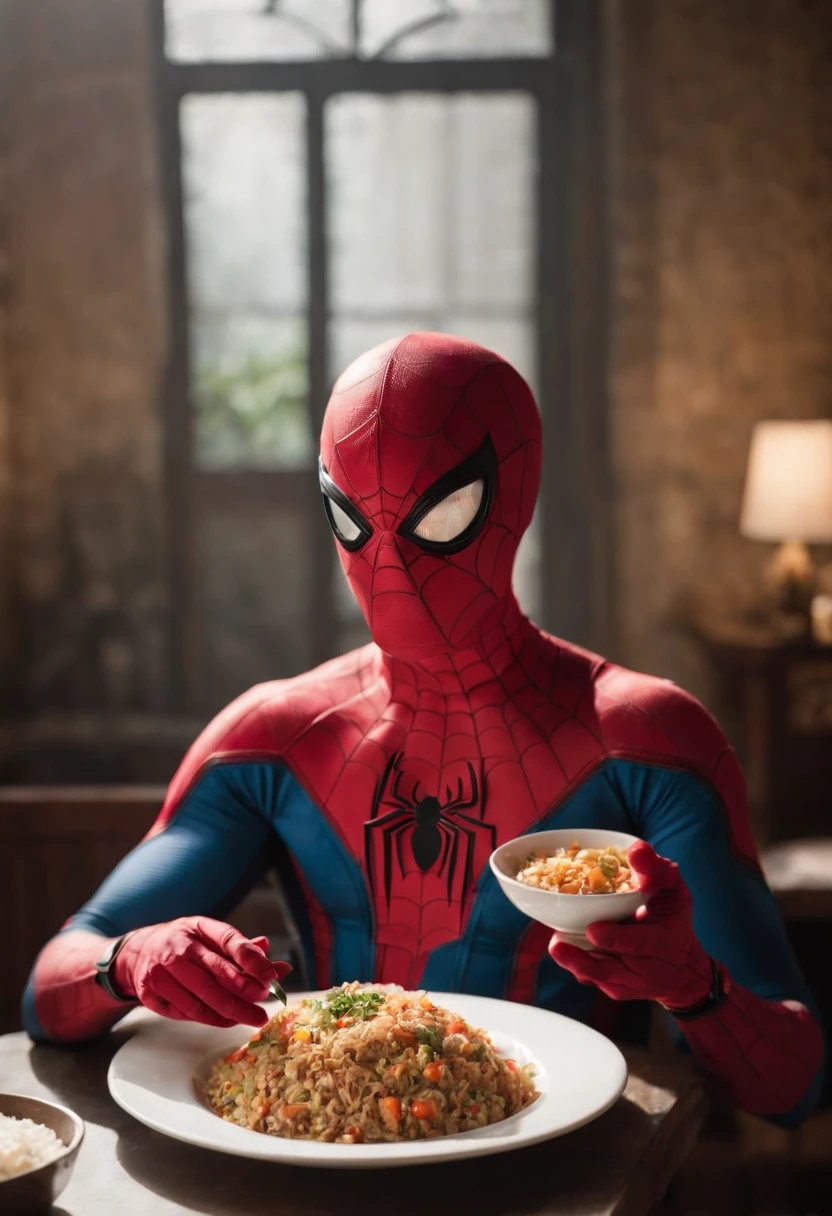 Cinematographer, ultra realista, Ropa detallada, Bellamente detallado, UHD, HDR, Altas Resoluciones, ultra detallado, Detalles intrincados, Efectos texturales, absurdos, obra maestra, 8k:1.2. En esta imagen, vemos a Spider-Man en un inusual descanso de sus actividades heroicas. He's standing in a chic Asian restaurant in his iconic costume.............
Spider-Man holds a bowl of Chinese fried rice mixed with oriental stir-fried noodles in his hands skillfully.., usando unos elegantes palillos chinos para llevar un bocado a su boca. The plate is full of fried rice, salteado. The restaurant is decorated with traditional Chinese elements, como linternas rojas colgando del techo y dragones dorados esculpidos en las paredes. The dim light of the lanterns creates a warm and welcoming atmosphere in the place.