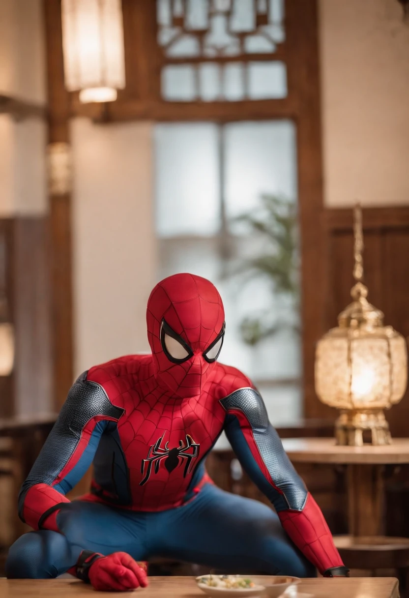 Cinematographer, ultra realista, Ropa detallada, Bellamente detallado, UHD, HDR, Altas Resoluciones, ultra detallado, Detalles intrincados, Efectos texturales, absurdos, obra maestra, 8k:1.2. En esta imagen, vemos a Spider-Man en un inusual descanso de sus actividades heroicas. He's standing in a chic Asian restaurant in his iconic costume.............
Spider-Man holds a bowl of Chinese fried rice mixed with oriental stir-fried noodles in his hands skillfully.., usando unos elegantes palillos chinos para llevar un bocado a su boca. The plate is full of fried rice, salteado. The restaurant is decorated with traditional Chinese elements, como linternas rojas colgando del techo y dragones dorados esculpidos en las paredes. The dim light of the lanterns creates a warm and welcoming atmosphere in the place.